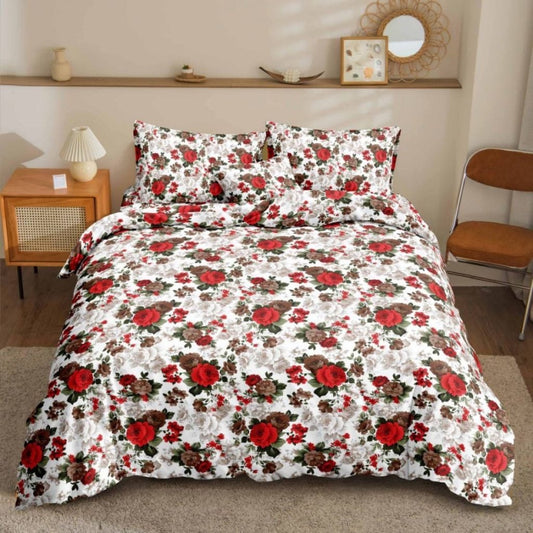 Red Gumamela Bedsheet red and mauve roses with green leaves on bed
