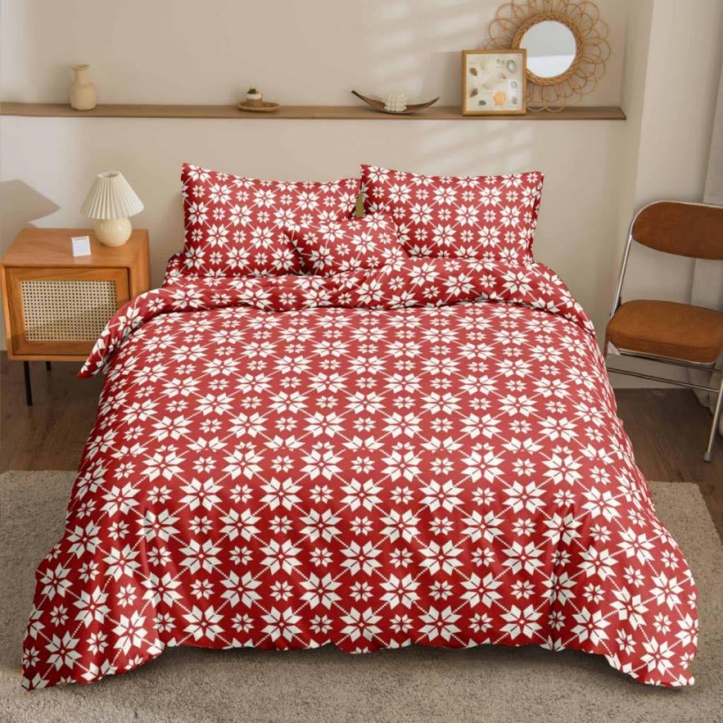 Red Snowflake Bedsheet white snowflakes on red print on bed