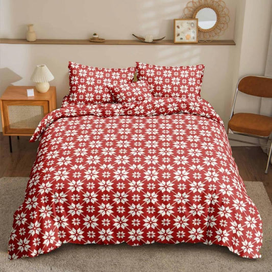 Red Snowflake Bedsheet white snowflakes on red print on bed
