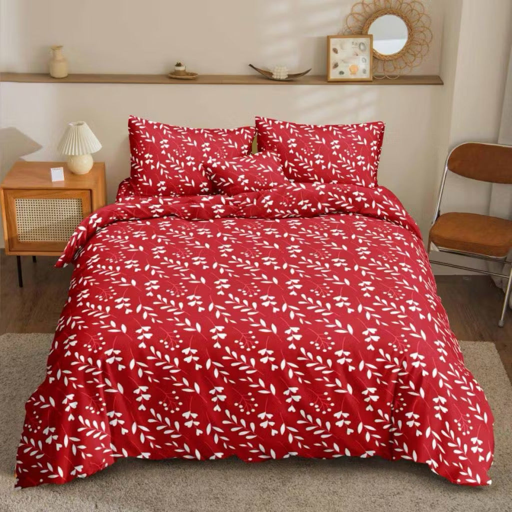 Red Leaf Bedsheet white leaf branches on red print on bed