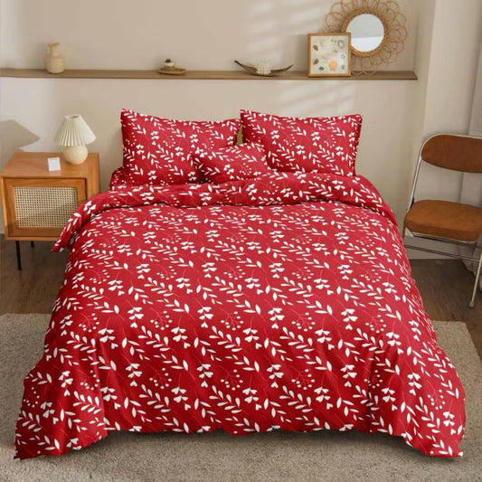 Red Leaf Bedsheet white leaf branches on red print on bed