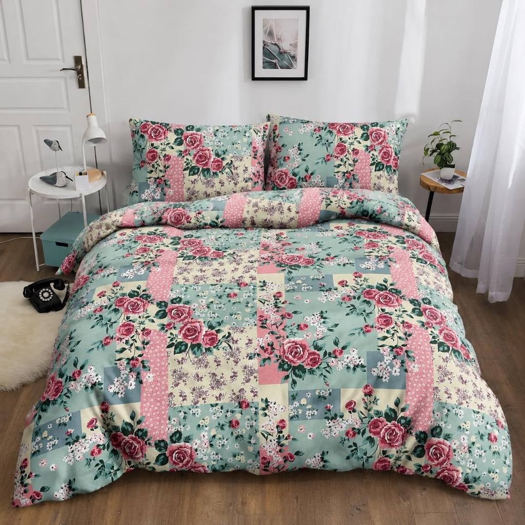 Rose Petals Bedsheet pink roses on patchwork floral print on bed