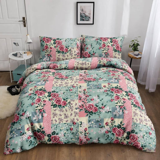 Rose Petals Bedsheet pink roses on patchwork floral print on bed