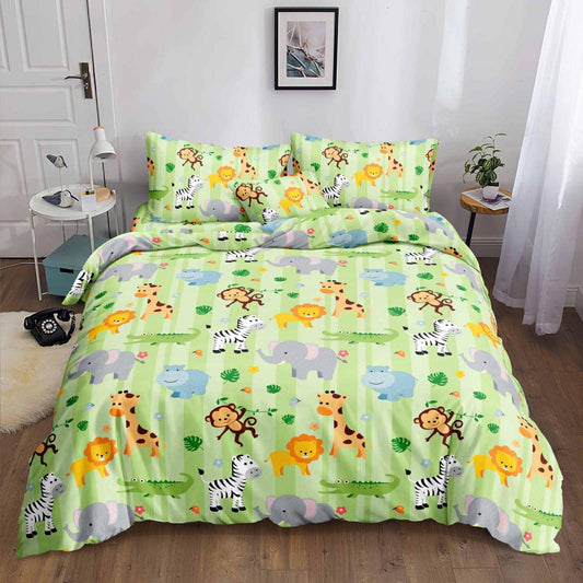 Safari Stripes Bedsheet lions giraffes and elephants on green print on bed