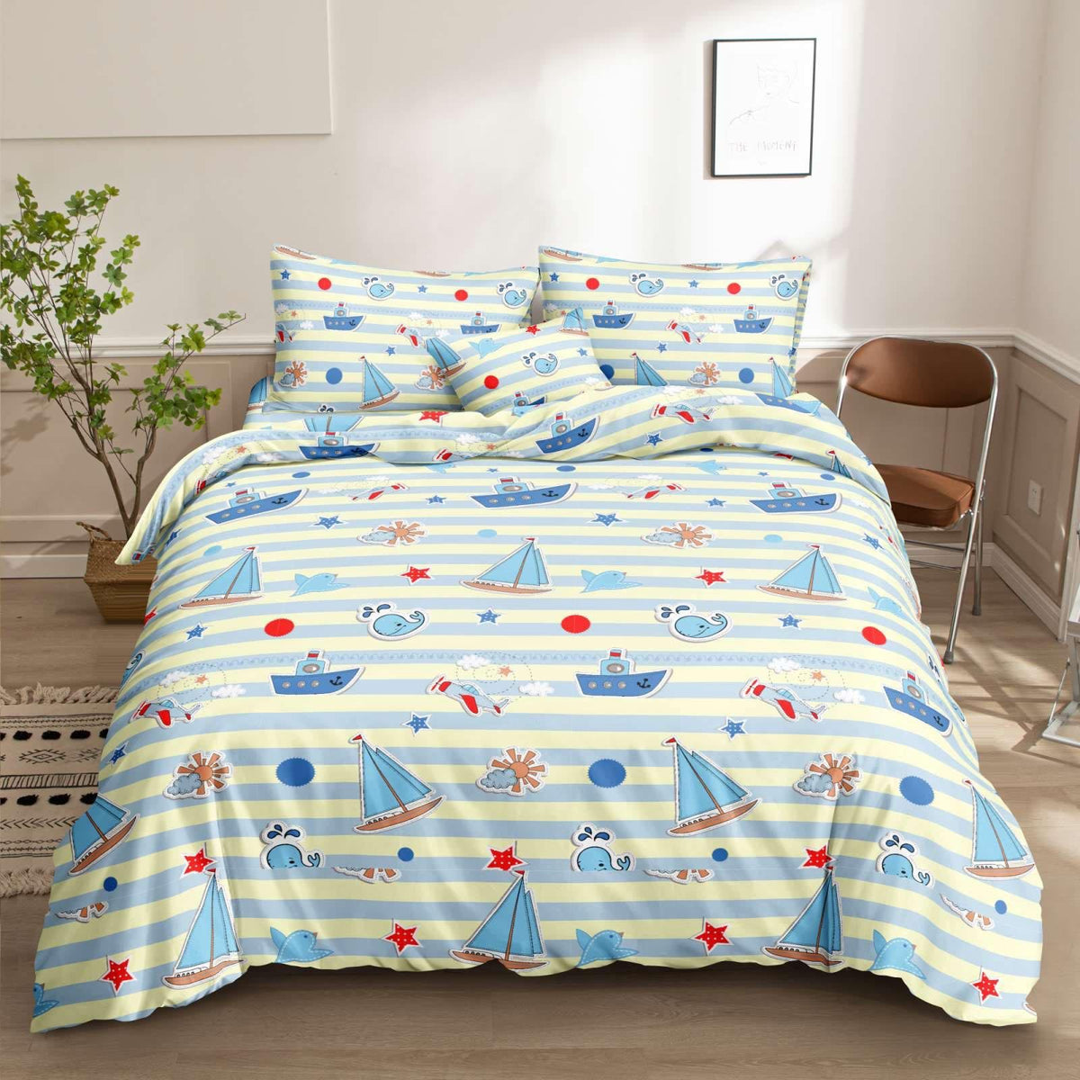 Sail Bedsheet sailboats whales and stars on striped print on bed