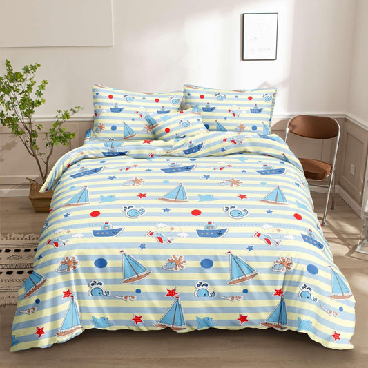 Sail Bedsheet sailboats whales and stars on striped print on bed