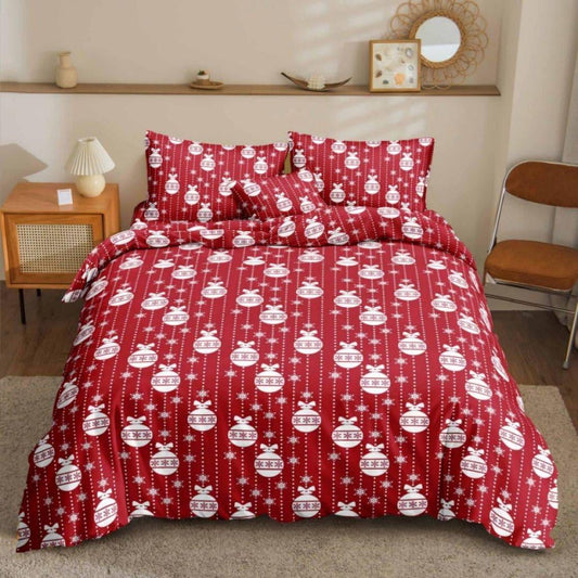 Snowball Bedsheet white ornaments and snowflakes on red print on bed