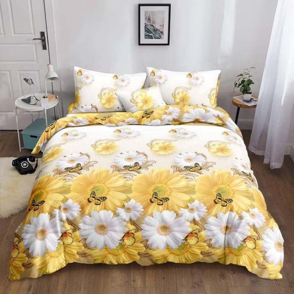 Sunflower Old Bedsheet yellow sunflowers and white daisies print on bed