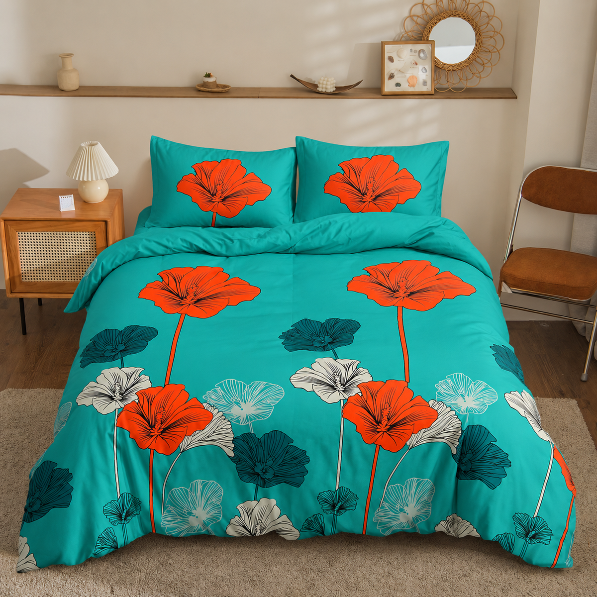 Teal Blossom Bedsheet orange poppies on teal background print on bed