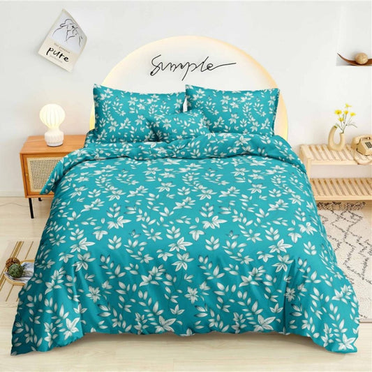 Teal Nature Bedsheet white leaf branches on teal print on bed