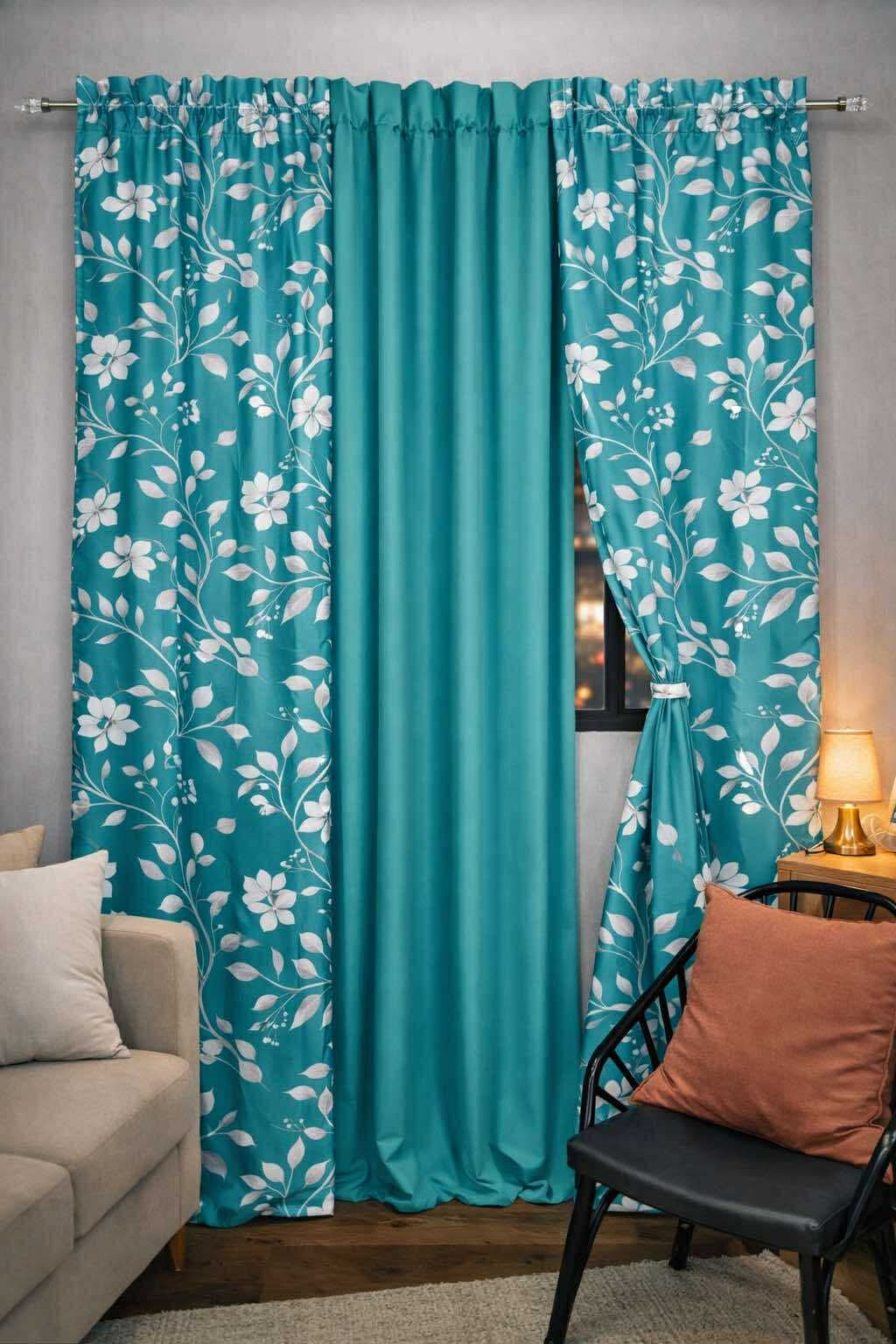 Teal Nature RT Curtain white floral vine print curtain on rod