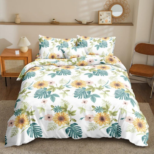Vintage Sunflower Bedsheet golden sunflowers and blossoms print on bed