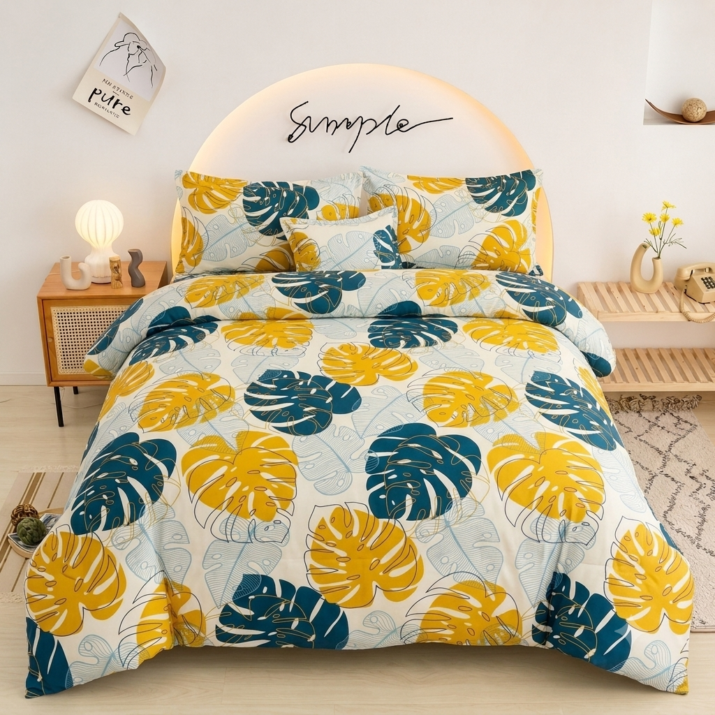 Yellow Blue Monstera Bedsheet mustard and teal leaf print on bed